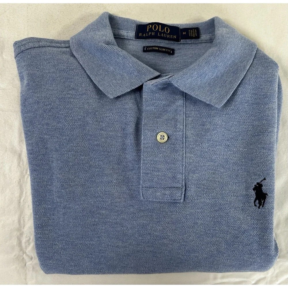 Polo Ralph Lauren Polo Shirt Men's Med Blue Long Sleeve Custom Fit 100% Cotton